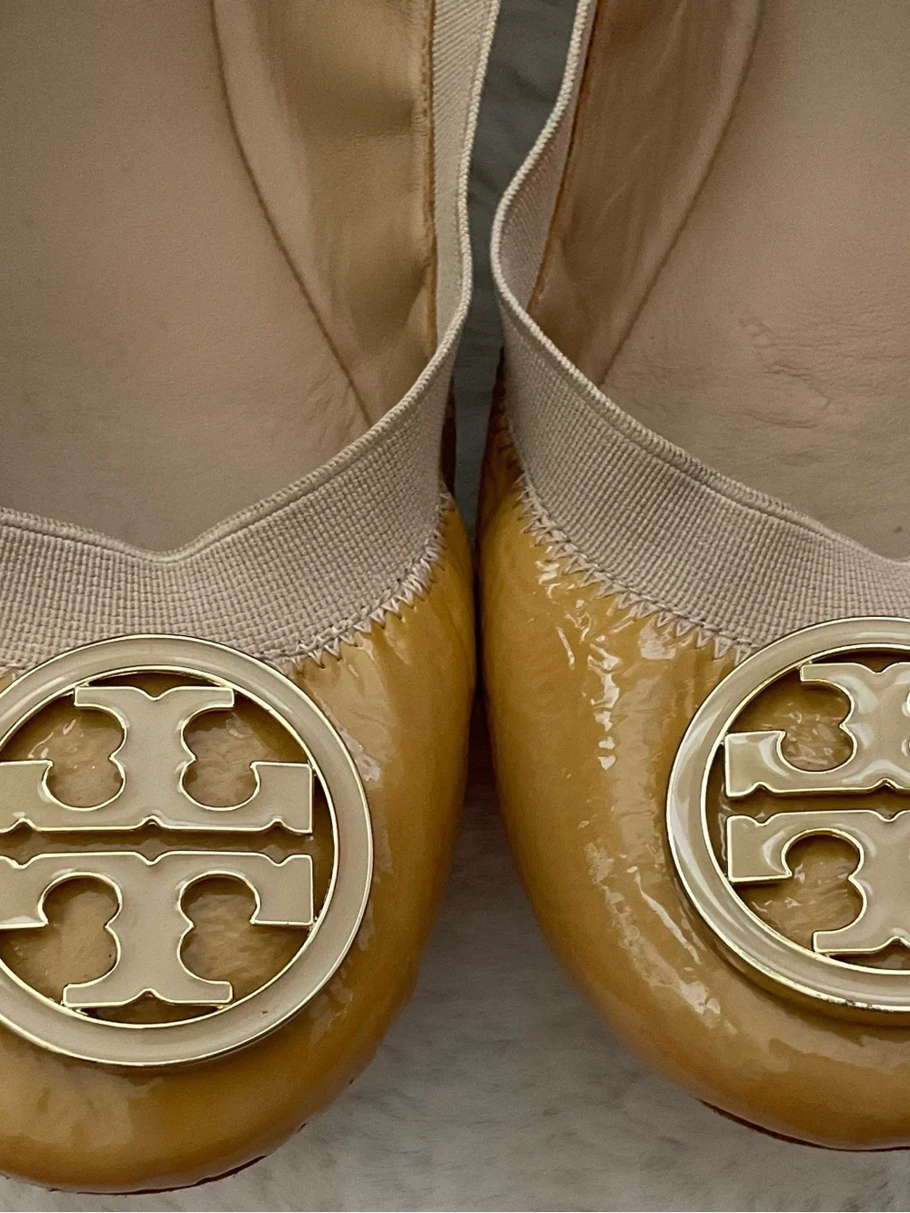 Tory Burch Patent Leather Ballet Flats in Mustard with Gold Logo